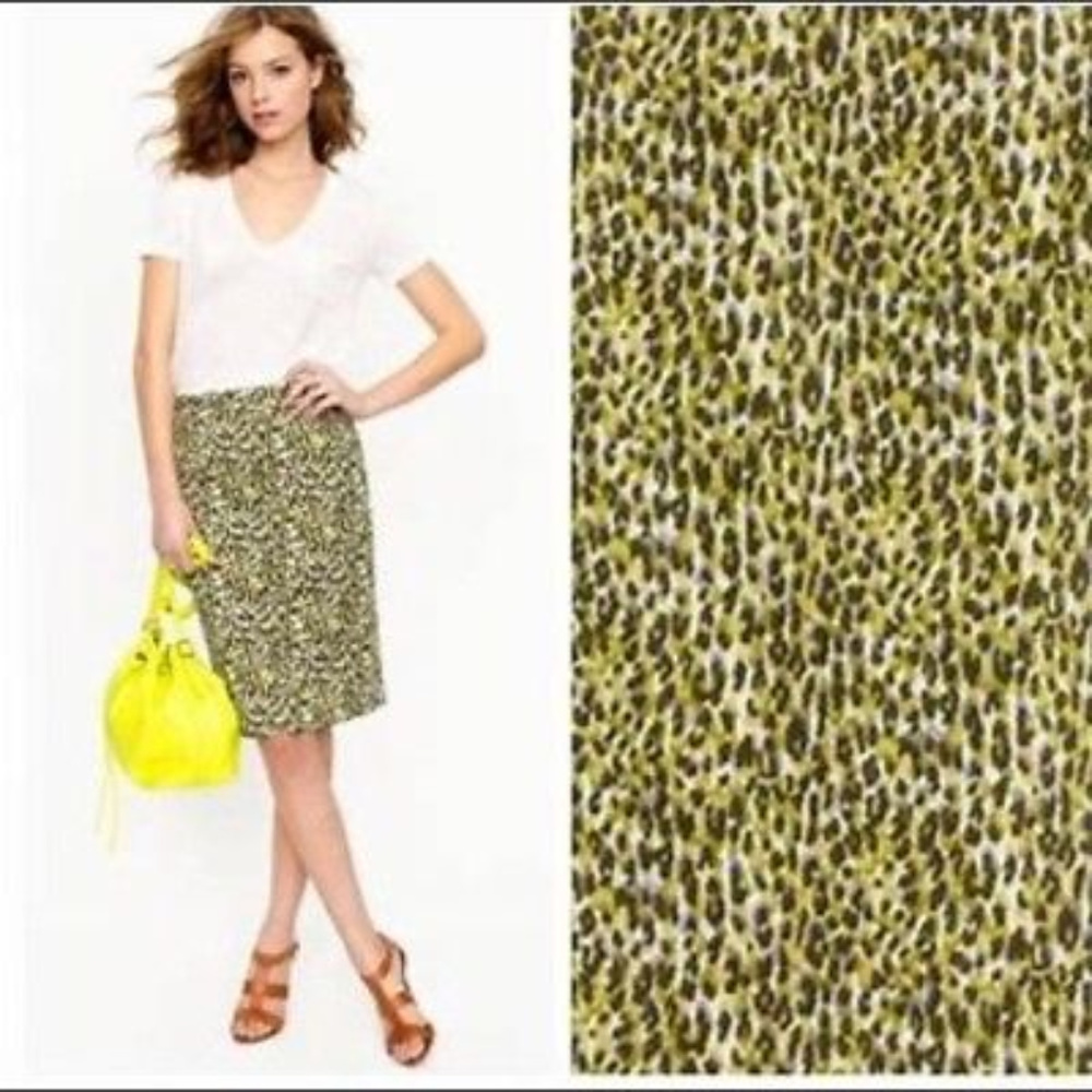 J Crew S 4 Pencil Skirt Green Brown Animal Print